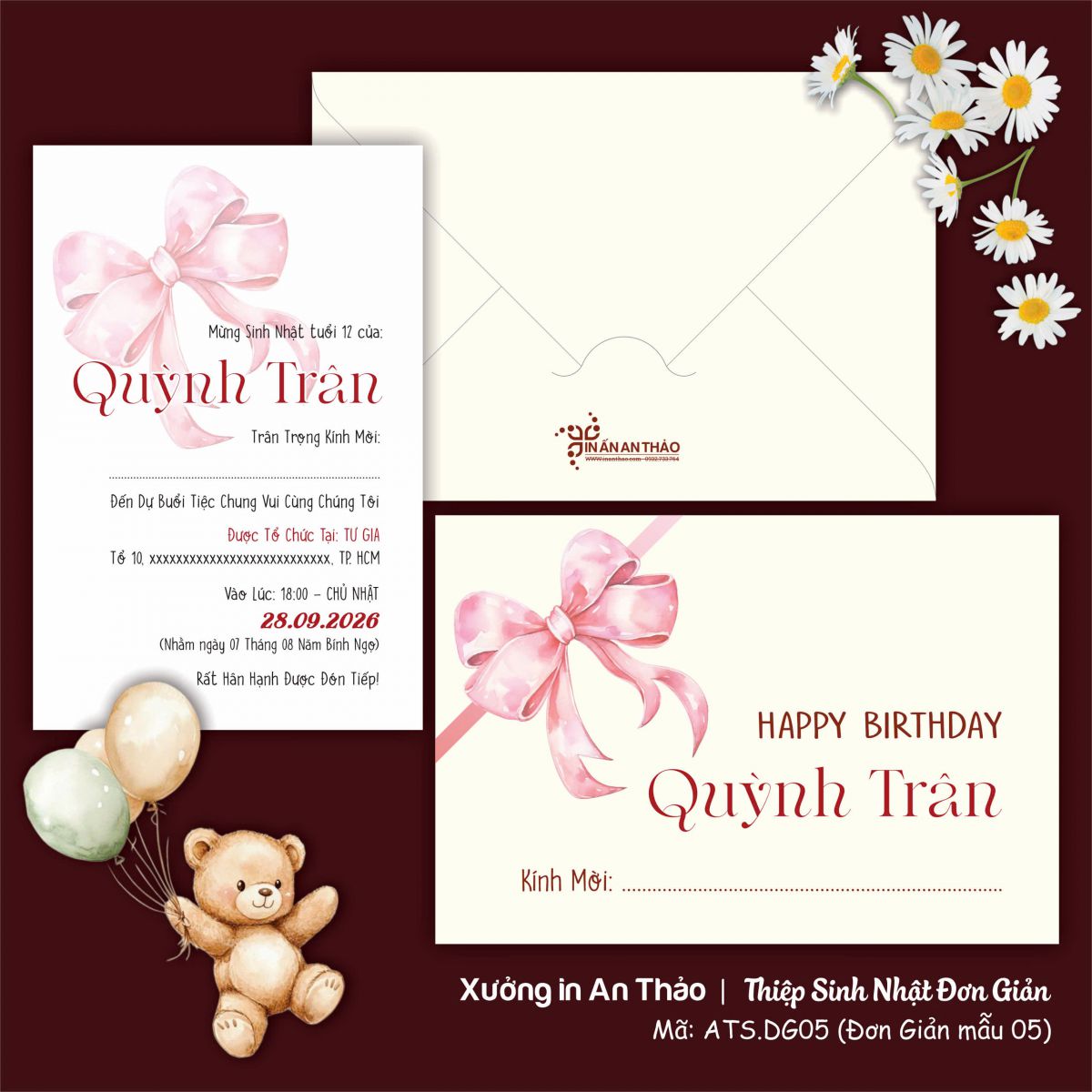 [ATS.DG05] Thiệp Sinh Nhật ĐƠN GIẢN - NƠ HỒNG (Mẫu 05) - in từ 20 thiệp