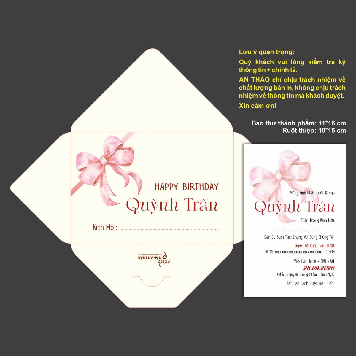 [ATS.DG05] Thiệp Sinh Nhật ĐƠN GIẢN - NƠ HỒNG (Mẫu 05) - in từ 20 thiệp